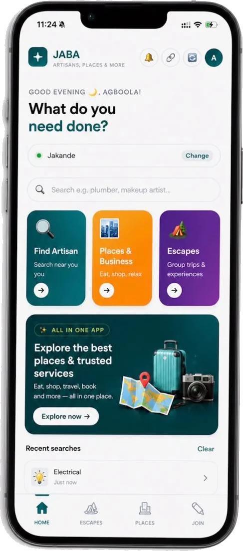 The JABA app home screen showing artisan search, Places & Business, and Escapes